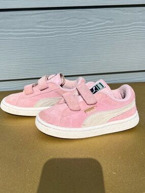 Puma Kids Pink Suede Velcro Sneakers with Cream Stripe